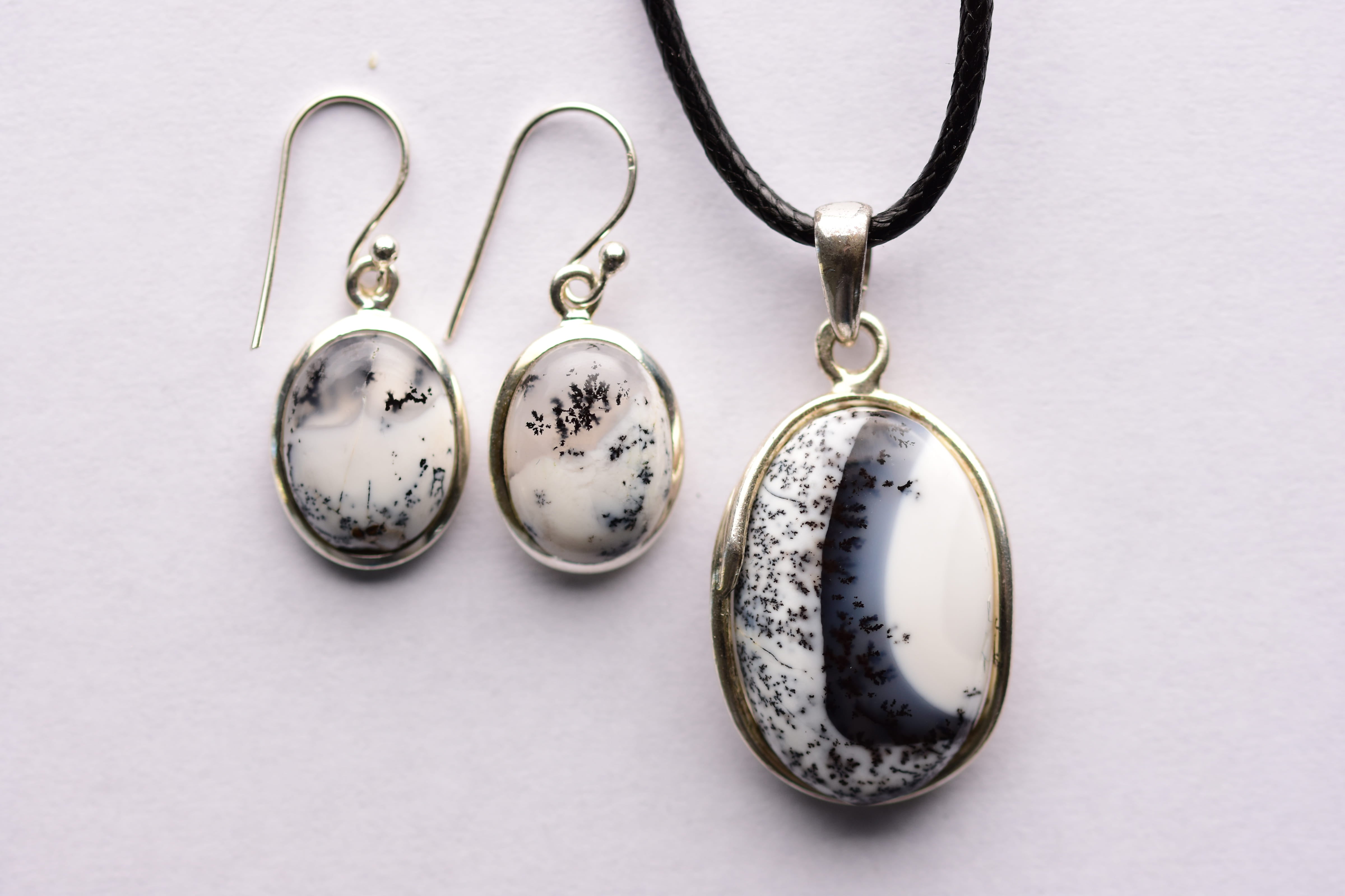 Dendrites achát ékszer szett ezüst foglalatban