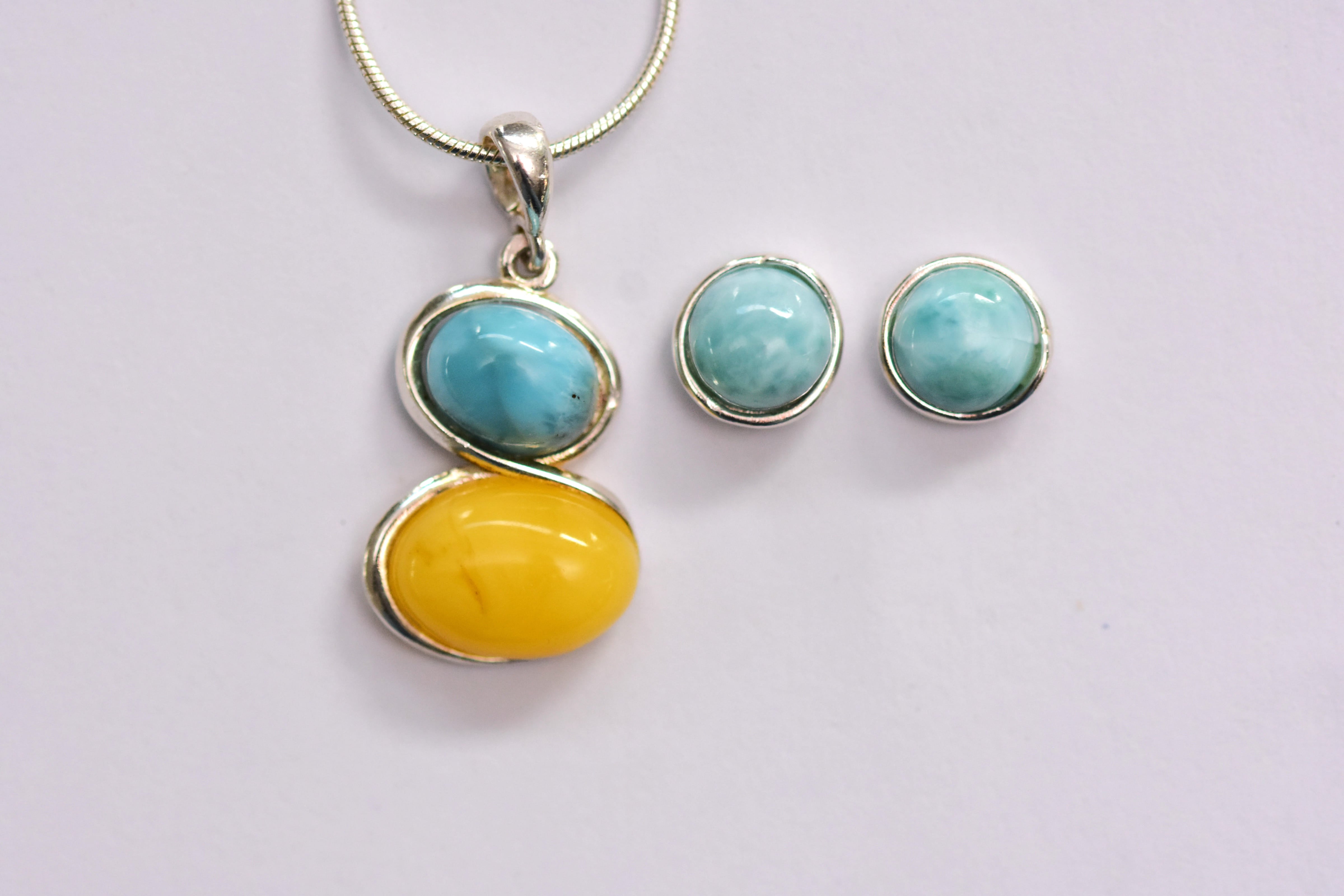 Larimar- borostyán köves ékszer szett ezüst foglalatban