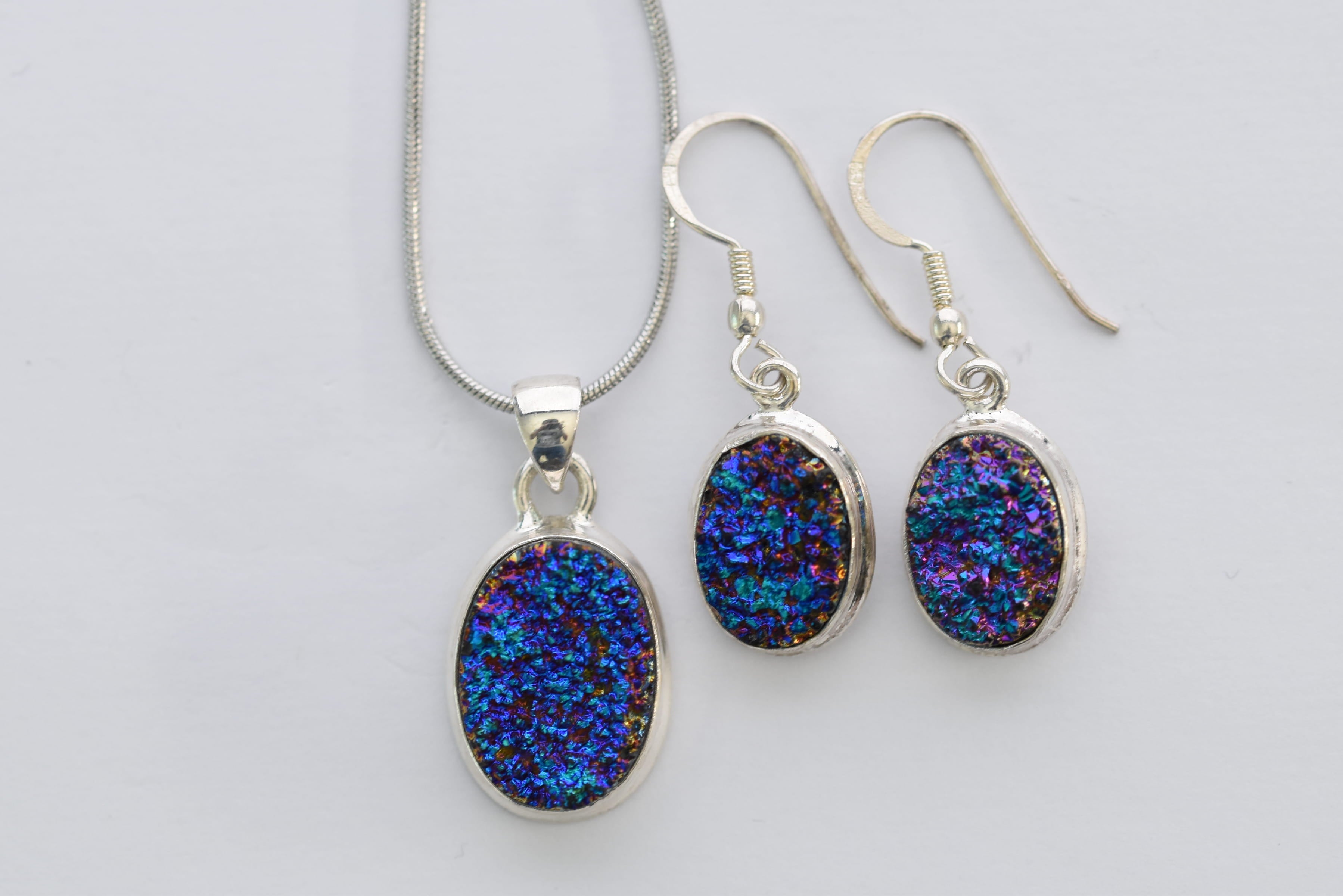 Druzy kvarc ékszer szett ezüst foglalatban