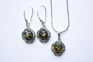 Lengyel borostyán ékszer szett ezüst foglalatban