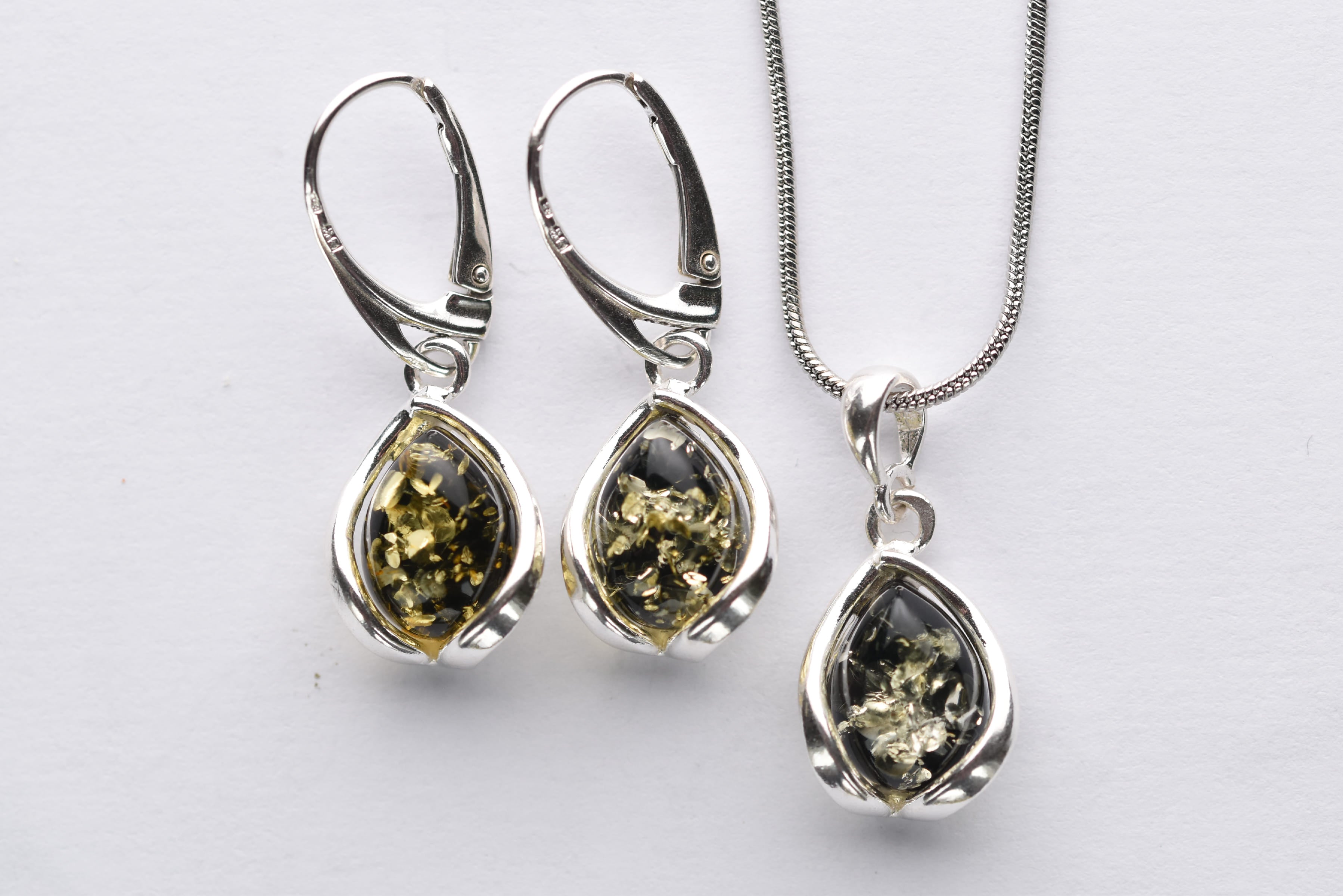 Lengyel borostyánkő ékszer szett ezüst foglalatban